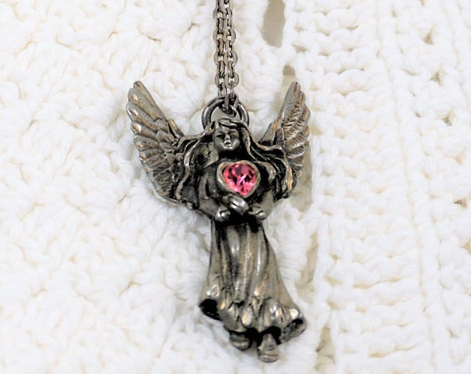 Antique Silver Tone Pink Heart Angel Pendant Necklace