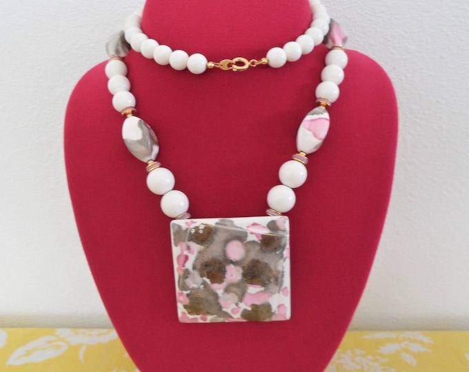 Signed Japan White Pink Gold tone Decorated Beaded Square Porcelain Pendant Long Vintage Necklace