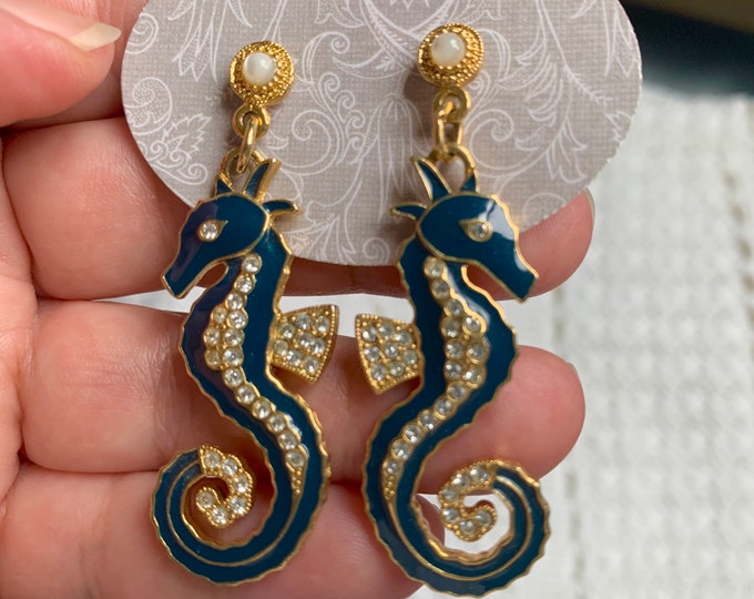 Gorgeous Blue Enameled Clear Crystals Seahorse Dangle Earrings