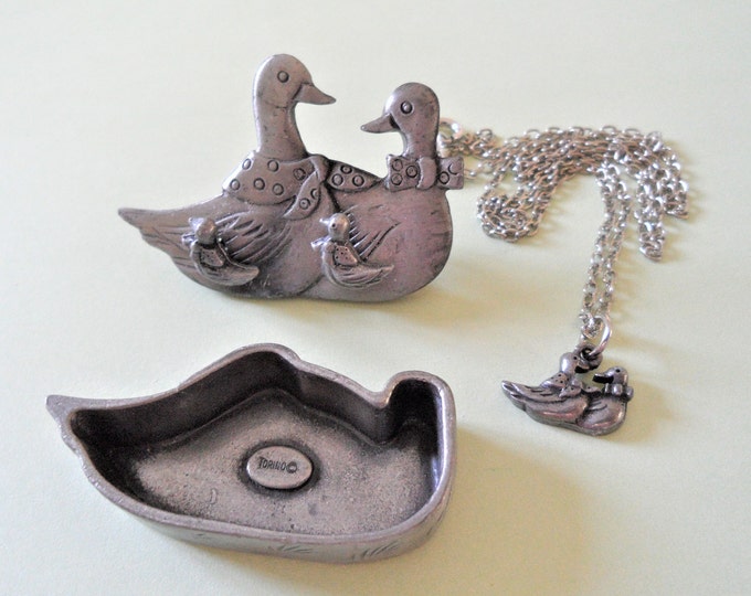 Signed Torino Twin Ducks Miniature Earrings Necklace Brooch Set