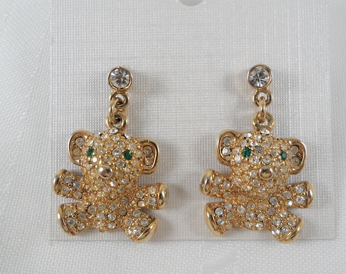 Cute Sparkling Clear Crystals Rhinestones Gold Tone Teddy Bear Post Earrings
