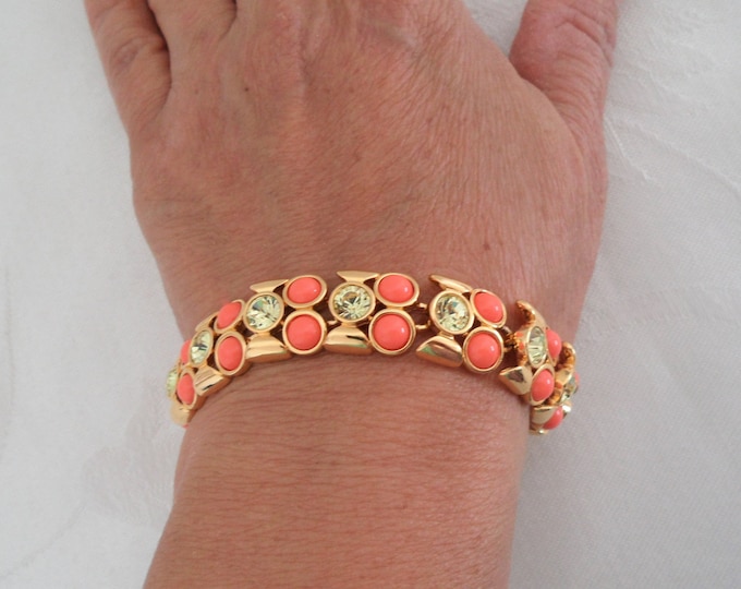 Joan Rivers Faux Coral Cab Clear Rhinestone Gold Tone Bracelet