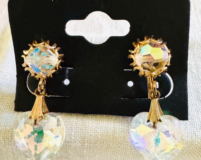 Vintage Crystal Heart Gold Tone Clip On Earrings