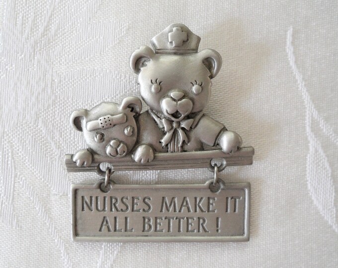 Signed JJ Nurses Make All Better Pewter Pin Brooch