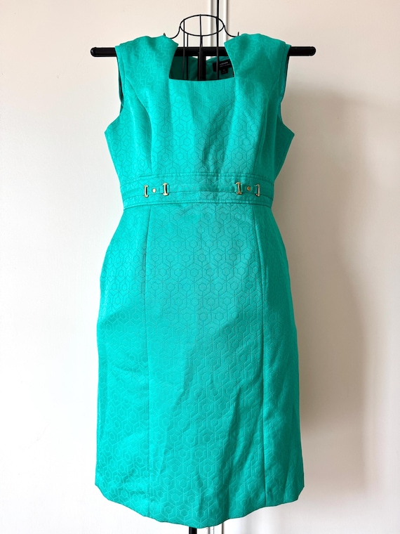 tahari asl green dress Levine Geometric Embossed Square Neck Sheath Sz 10 Career NA-09.16.26PM