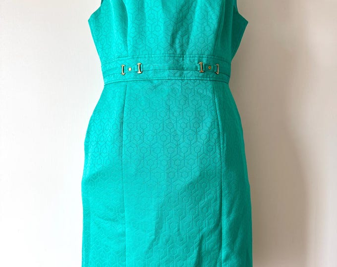 Tahari ASL Levine Green Geometric Embossed Square Neck Sheath Dress Sz 10 Career
