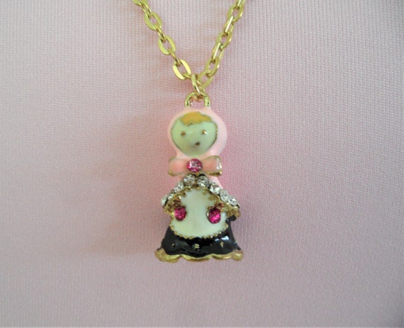 Lovely Enamel Rhinestones Vintage Doll Pendant Ne… - image 6