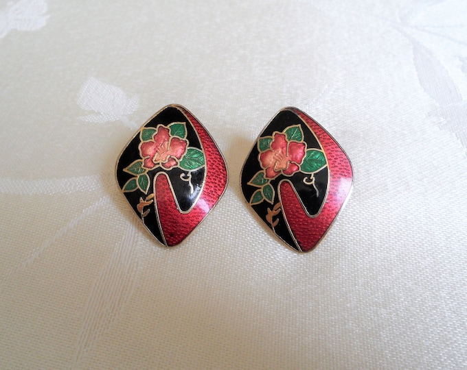 Vintage Cloisonne Red Green Black Gold Tone Floral Pierced Earrings