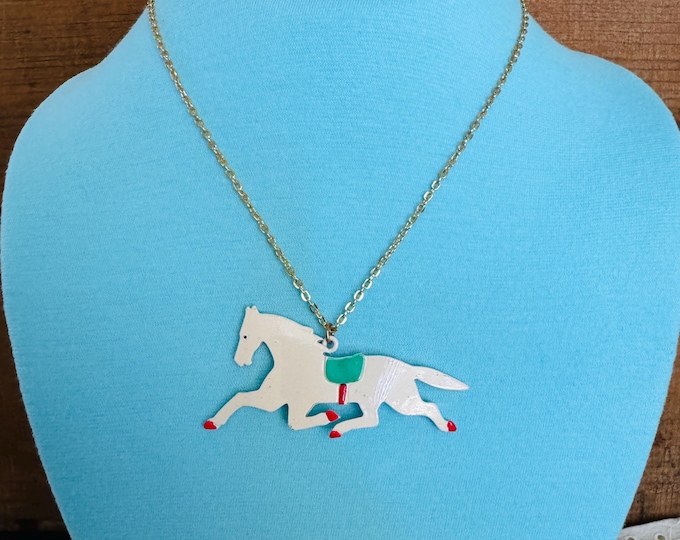 Vintage Signed White Green Red Enamel Horse Pendant Necklace