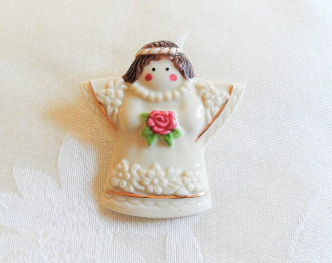 Vintage Ceramic Angel Pin Rose Flower Gold Tone Pin
