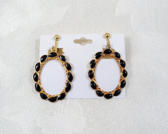Vintage Black Enameled Clip On Hoop Earrings