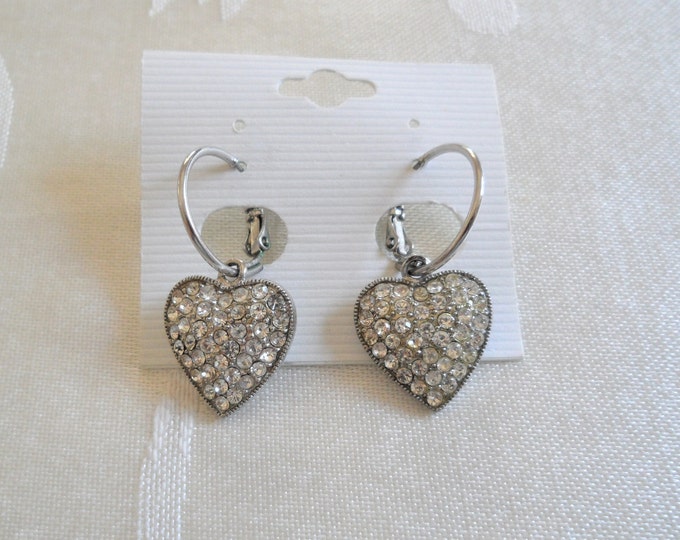 Silver Tone Clear Rhinestones Heart Lever Back Earrings