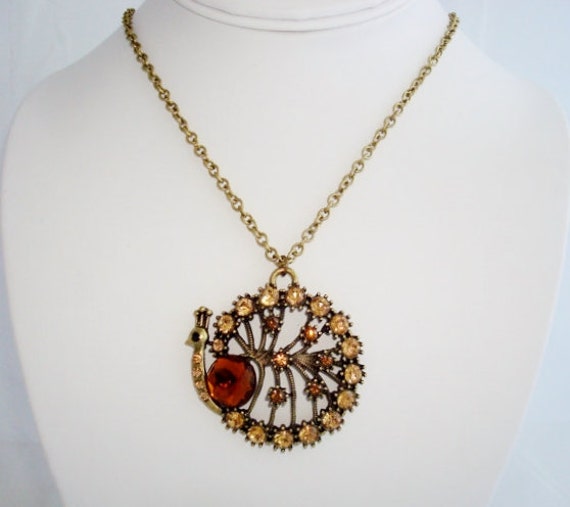 Brass Tone Topaz Crystal Peacock Pendant Necklace - image 3