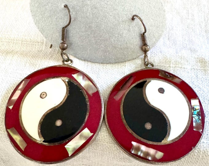Vintage Alpaca Abalone Red Black White Pierced Earrings