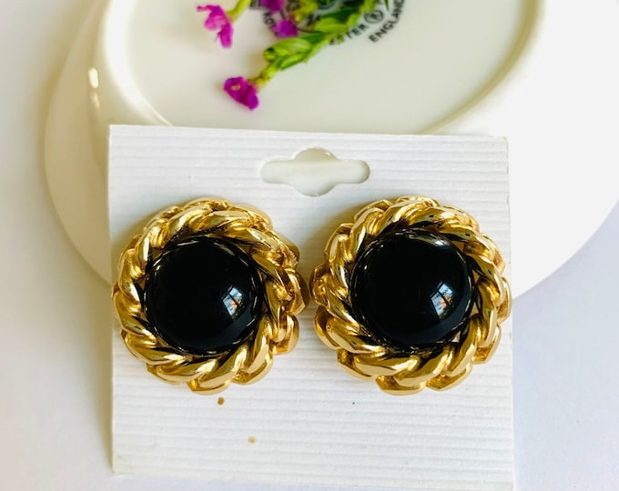Classic Christian Dior Chain Link Faux Black Onyx  Clip On Earrings, Vintage, 1980s