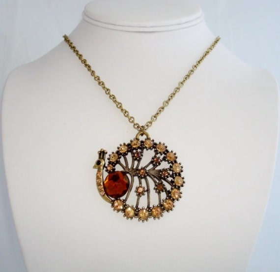 Brass Tone Topaz Crystal Peacock Pendant Necklace - image 2