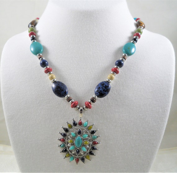 Signed Chaps Multi Color Beaded Pendant Necklace - image 1