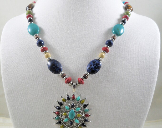 Signed Chaps Multi Color Beaded Pendant Necklace
