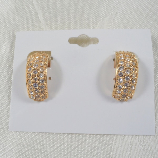 Vintage Signed Romans Cuff Clip on Earrings, Gold Tone Encrusted with Clear Rhinestones