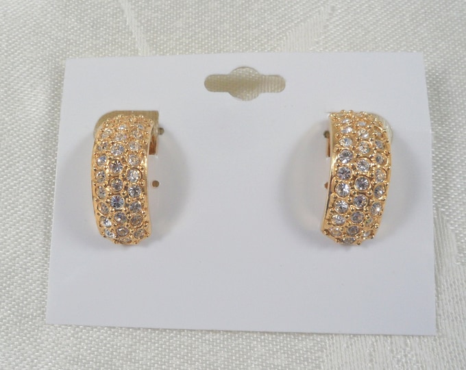 Vintage Signed Romans Cuff Clip on Earrings, Gold Tone Encrusted with Clear Rhinestones