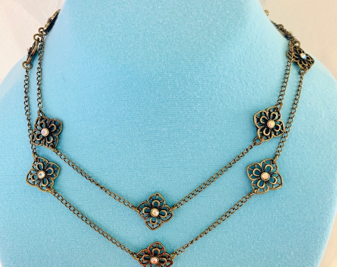 Bronze Tone Aurora Borealis Crystals Flower Long Necklace