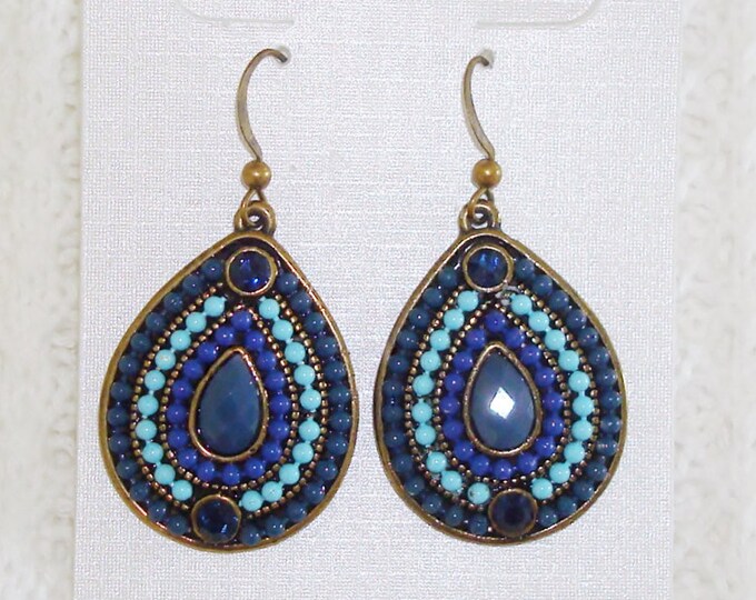 Elegant Blue Beaded Tear Drop Shape Brass Tone Earrings