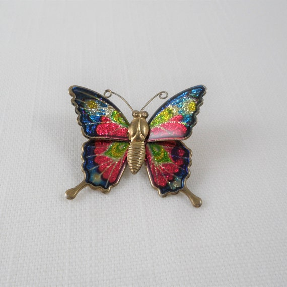 Brass Tone Butterfly Brooch Sparkled Glitter Mult… - image 1