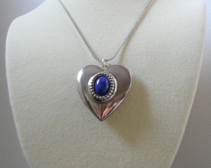 Silver Tone Blue Decorated Heart Locket Pendant Necklace