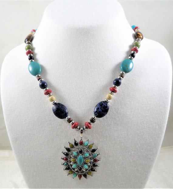 Signed Chaps Multi Color Beaded Pendant Necklace - image 4