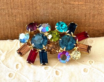 Sparkling Vintage Brooch Pin Multi-Colored Rhinestone
