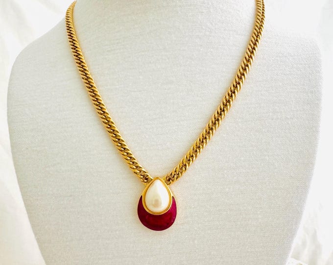 Vintage Monet Tear Drop Gold Tone Metal Red Enamel and Faux Pearl Pendant and Chain Necklace
