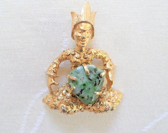 Fortune Teller Brooch Costume Jewelry Pin Signed BSK Figural Pin Green Jade Gemstone Gold Tone
