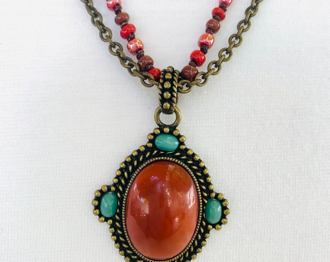 Signed NR Double Strand Bronze Tone Red Pendant Necklace