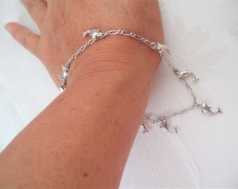 Silver Tone Dolphin Charms Large Size Bracelet