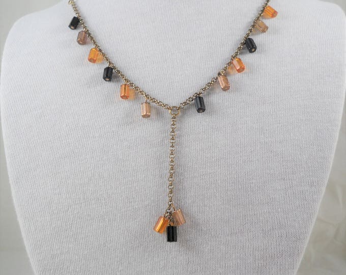 Signed Rachel Vintage Silver Tone Brown Black Y Necklace