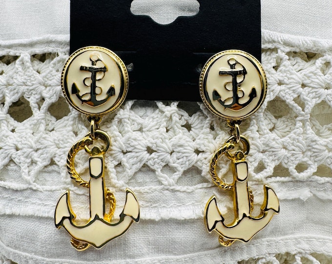 Vintage Parklane Cream Beige Enamel Gold tone Dangle Anchor Stud Earrings