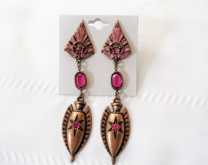 Vintage Bronze Tone Fuchsia Rhinestones Enameled Pierced Long Earrings