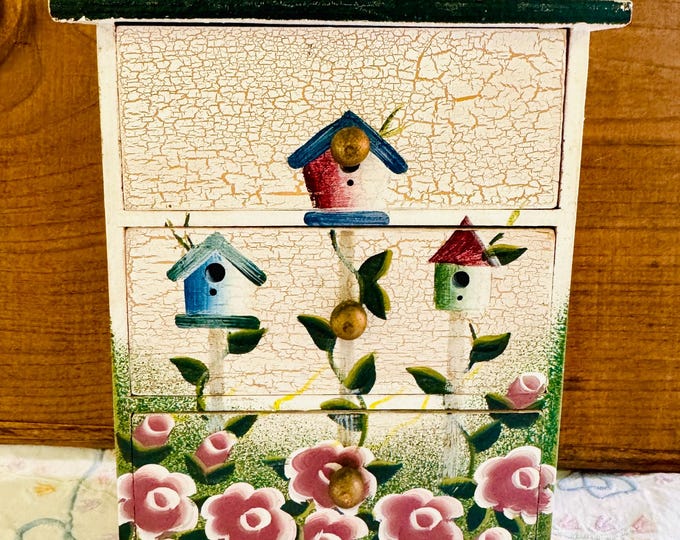 Painted Wood Mini Dresser Chest Of Drawers Jewelry Trinket Box Birdhouse Garden