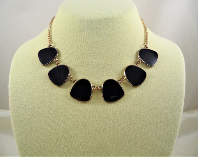Vintage Gold Tone Black/Navy Blue Enameled Choker Necklace