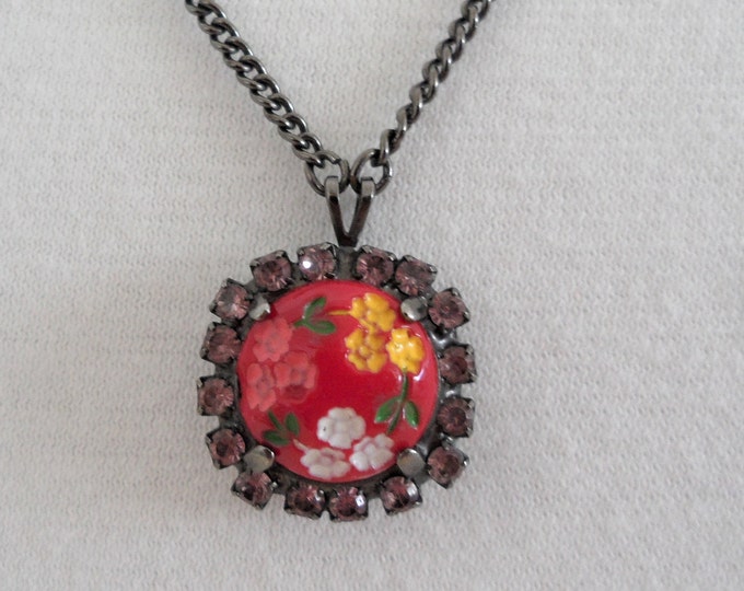 Signed Rachel Red Enamel Floral Rhinestone Pendant Beaded Necklace