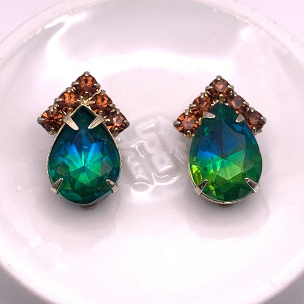 Vintage Green Tear Drop Rhinestones Clip Earrings