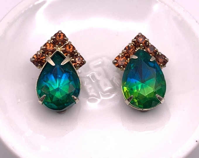 Vintage Green Tear Drop Rhinestones Clip Earrings