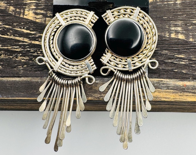 Vintage Unsigned Onix Silver Southwestern Style Chandelier Earrings