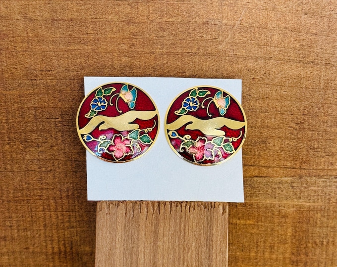 Vintage Red Cloisonné Floral Butterfly Pierced Earrings