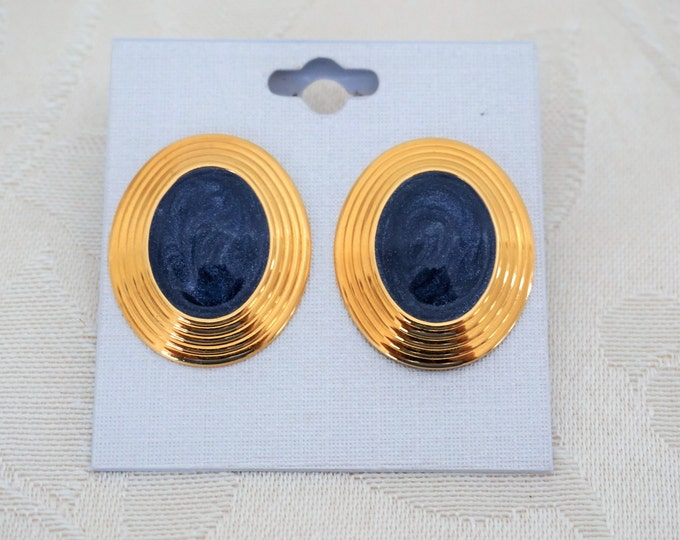 Elegant Gold Tone Blue Swirl Enameled Pierced Earrings