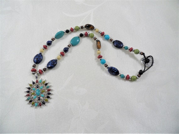 Signed Chaps Multi Color Beaded Pendant Necklace - image 5