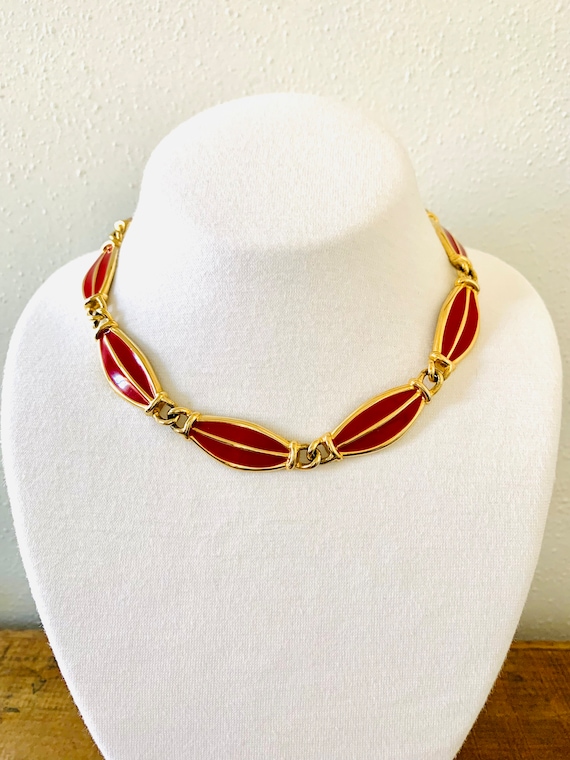 Monet Gold Tone Red Enamel Vintage Choker