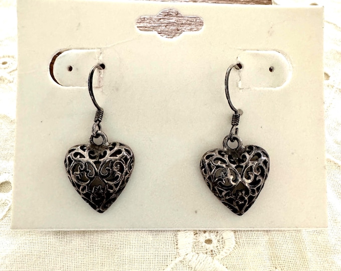 Vintage Silver Tone Heart Earrings