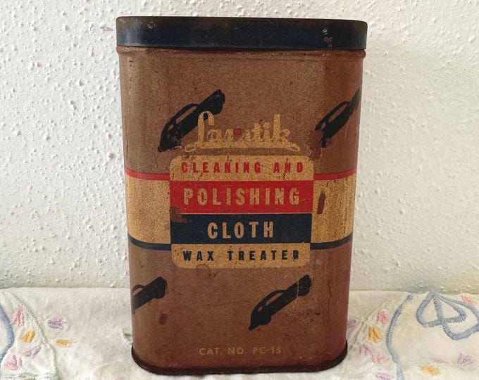 Vintage 1940's Las-Stik Automobile Car Wax Polishing Cloth Tin / Metal Can Empty