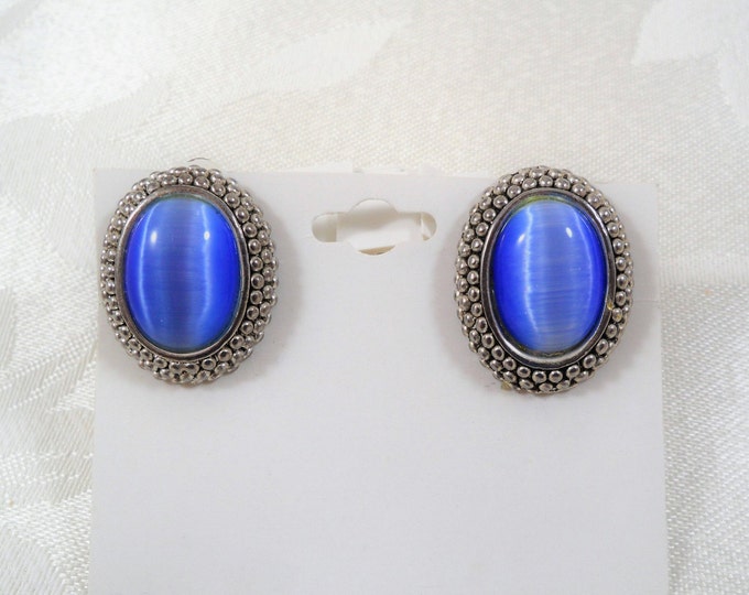 Silver Tone Decorated Blue Clip On Earrings
